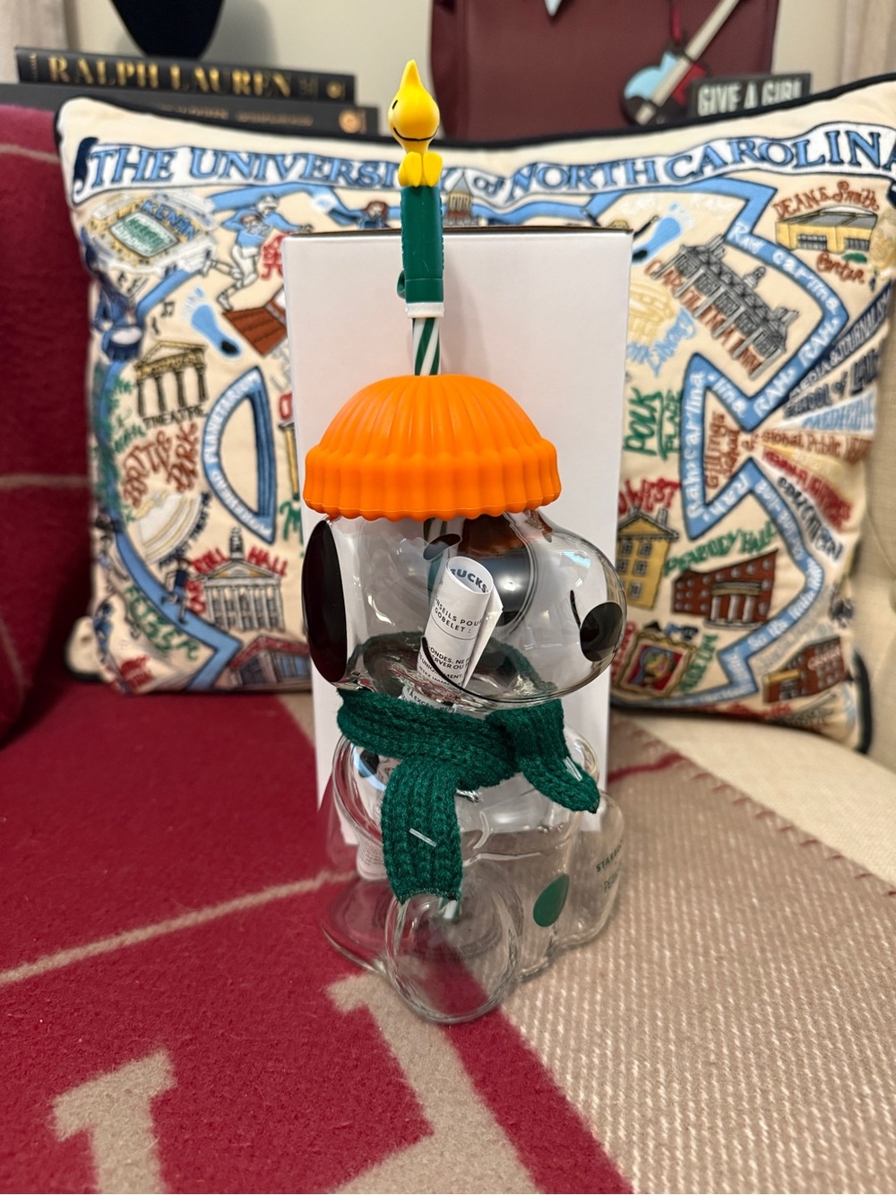 Starbucks x Peanuts Snoopy Glass Drink Cup with Orange Hat and Green Scarf